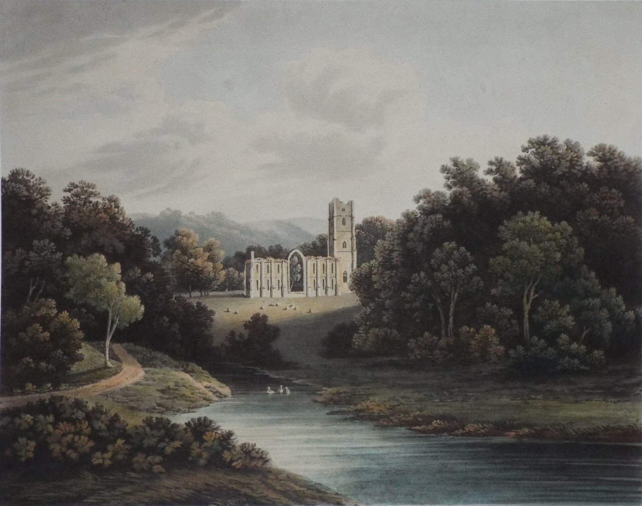 Aquatint - Fountains Abbey, Yorkshire. Drawn by J. Smith Esqr.